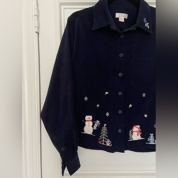 Christopher Banks Cat Snowman Embroidered Holiday Christmas Navy Vintage Blouse - Picture 2 of 14